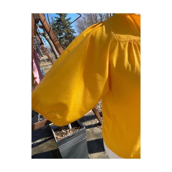 Vintage | 70s Saffron Slubbed Blouse Balloon Sleeve Mock Collar Sz 5 S/M - Picture 3 of 11